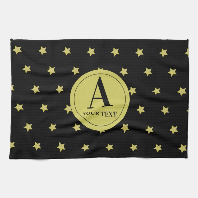 Elegant Gold & Black Star Pattern Monogram Geschirrtuch (Horizontal)