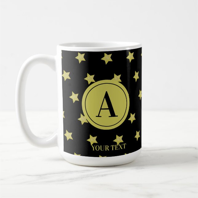 Elegant Gold & Black Star Pattern Monogram Kaffeetasse (Links)