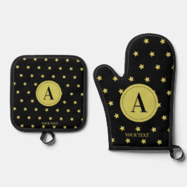 Elegant Gold & Black Star Pattern Monogram Ofenhandschuh & Topflappen-Set
