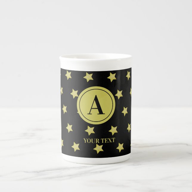 Elegant Gold & Black Star Pattern Monogram Prozellantasse (Vorderseite)