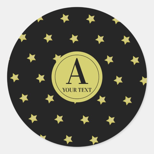 Elegant Gold & Black Star Pattern Monogram Runder Aufkleber (Vorderseite)
