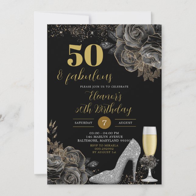 Elegant Gold Black Stiletto Frau Birthday Einladung (Vorderseite)