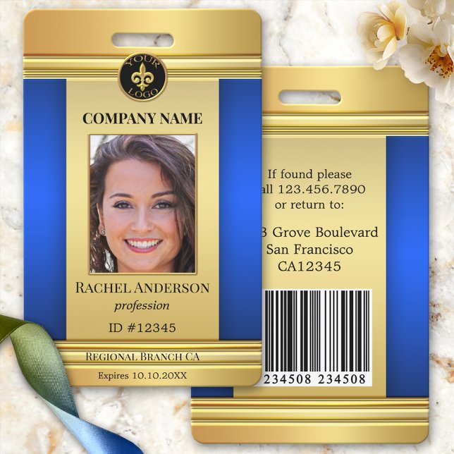 Elégant Gold Blue Employé Photo ID Badge (Elegant gold and blue design photo ID badge with space for your custom photo and logo)