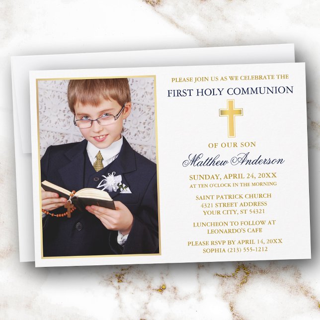 Elegant Gold Blue First Holy Communion Photo Einladung (Customize to change text size, text style or color.)