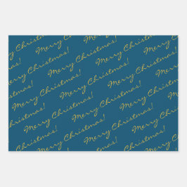 Elegant Gold Blue Frohe Weihnachtsbaumen Geschenkpapier Set