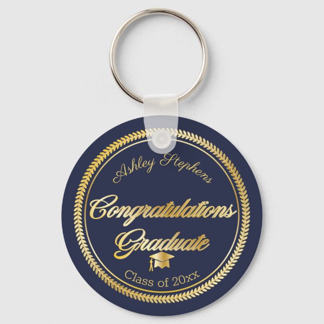 Elegant Gold | Blue Grad Cap Class Year Schlüsselanhänger (Vorderseite)