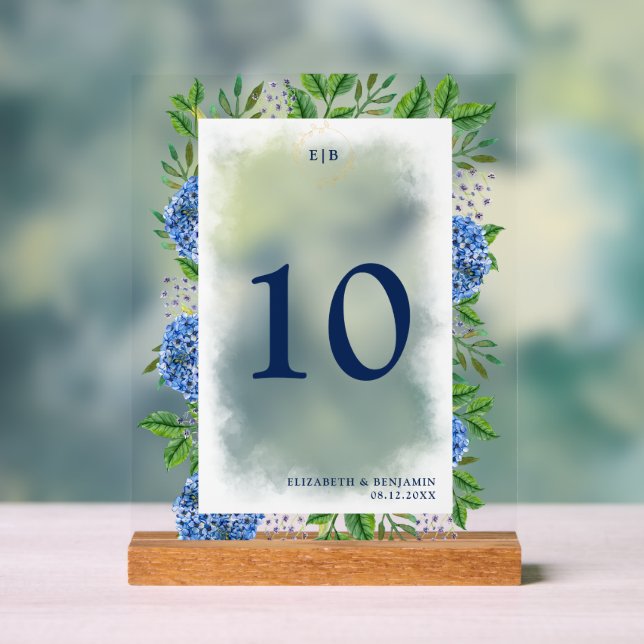 Elegant Gold Blue Hydrangeas Monogram Wedding Acrylschild (Neutral)