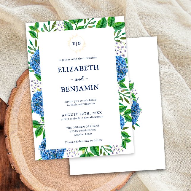 Elegant Gold Blue Hydrangeas Monogram Wedding Einladung (Front / Back)