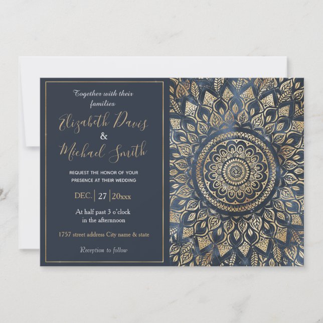 Elegant Gold Blue Mandala Floral Einladung (Vorderseite)