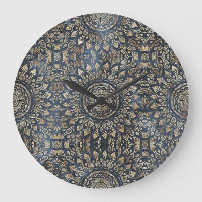 Elegant Gold Blue Mandala Floral Große Wanduhr (Vorderseite)