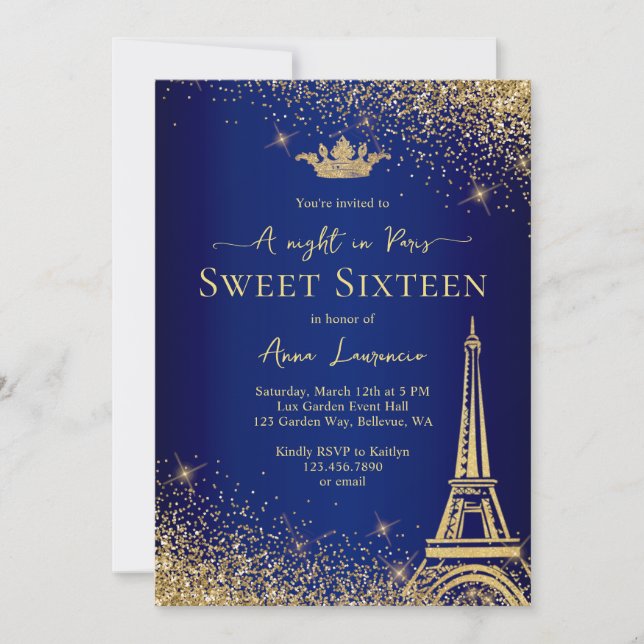 Elegant Gold Blue Paris Night Theme Sweet 16 Einladung (Vorderseite)