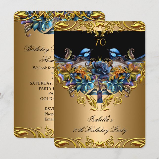 Elegant Gold Bluebird Bird Black 70. Geburtstag Einladung (Vorne/Hinten)