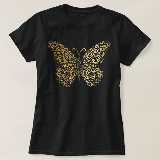 Elegant Gold Blüh Butterfly T-Shirt (Design vorne)