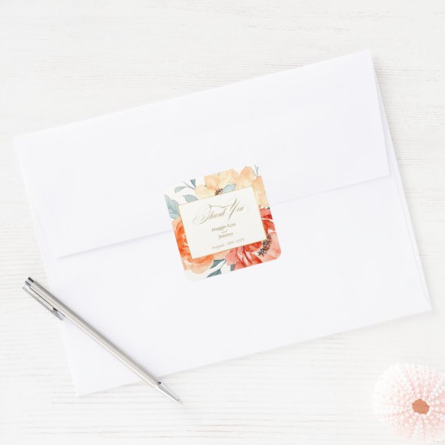 Elegant Gold Blush Floral Wedding Vielen Dank Quadratischer Aufkleber (Umschlag)