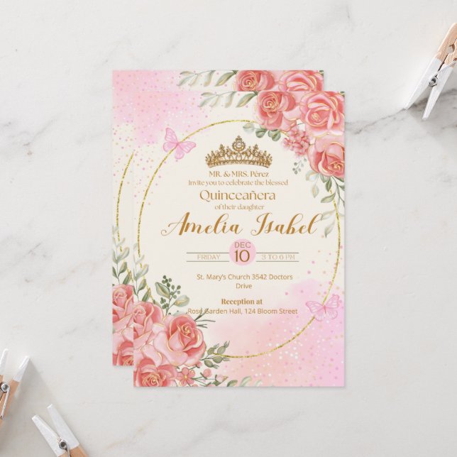 Elegant Gold & Blush Quinceañera Invitation Einladung (Vorderseite/Rückseite Beispiel)