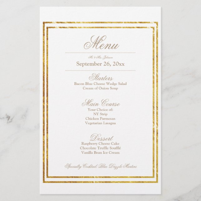 Elégant Gold Border Mariage Menu Dîner (Devant)