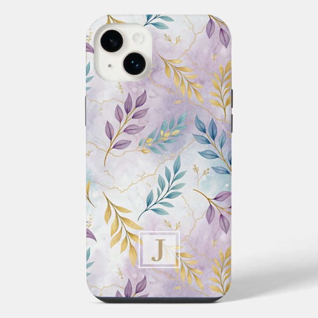 Elegant Gold Botanical Marble Mongram iPhone 14 Plus Hülle (Rückseite)
