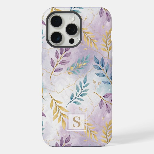 Elegant Gold Botanical Marble Mongram iPhone 15 Pro Max Hülle (Rückseite)