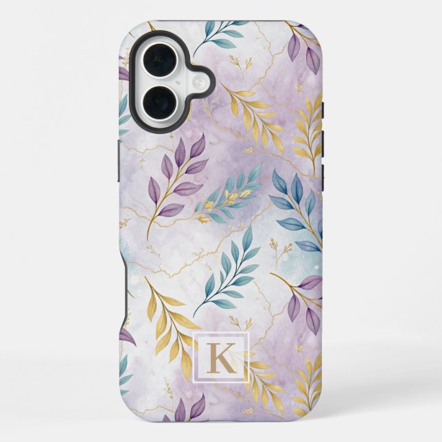 Elegant Gold Botanical Marble Mongram iPhone 16 Plus Hülle (Rückseite)