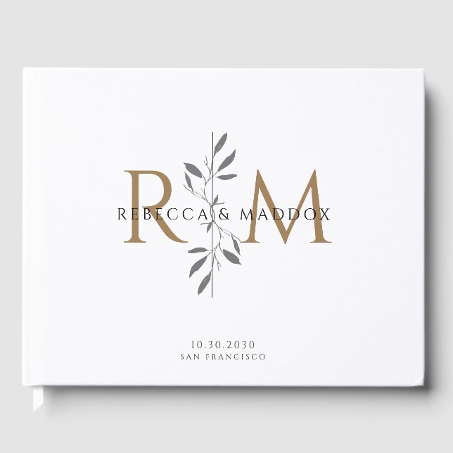 Elegant Gold Botanical Monogram Wedding Gästebuch (Vorderseite)