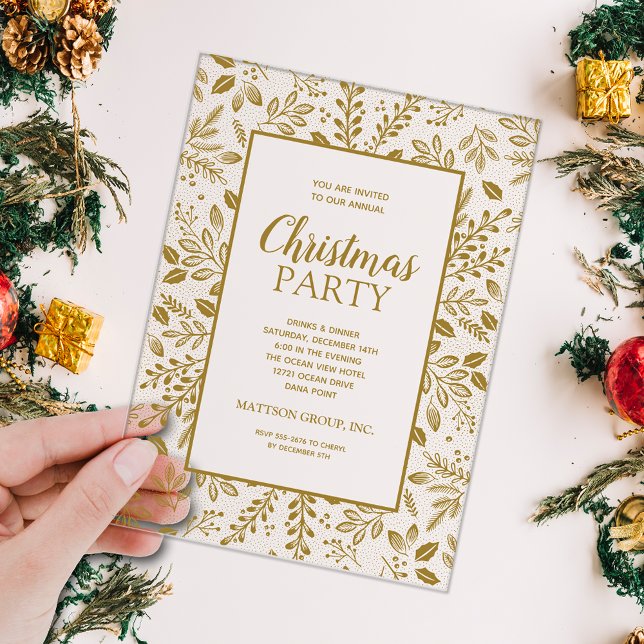 Elegant Gold Botanicals Christmas Party Acryleinladungen (Elegant gold botanicals border CLEAR ACRYLIC Christmas holiday party invitations)
