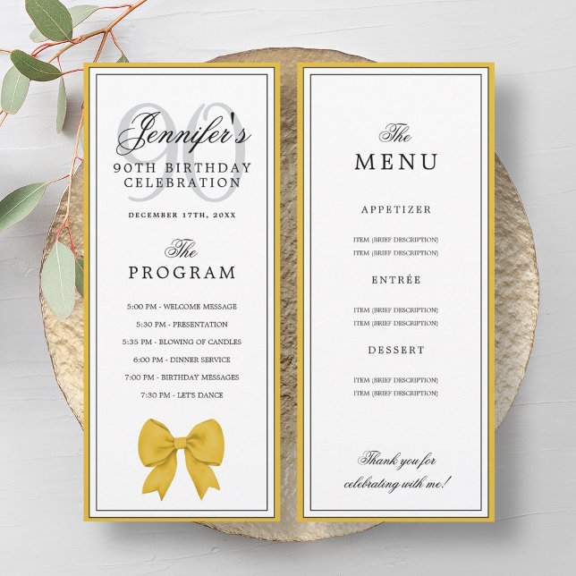 Elegant Gold Bow 90th Birthday Program + Menu  Einladung (Elegant Gold Bow 90th Birthday Program + Menu )