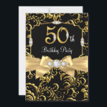 Elegant Gold Bow Black Diamond 50. Geburtstagspart Einladung<br><div class="desc">50. Geburtstagsfeier Einladung. Elegantes schwarzes goldenes Diamantbogen- und Blumendamastdesign. Bitte beachten: Alle flachen Bilder! Sie haben keine echten Juwelen!</div>