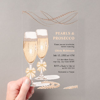 Elegant Gold Bow Pearls and Prosecco Bridal Shower Acryleinladungen
