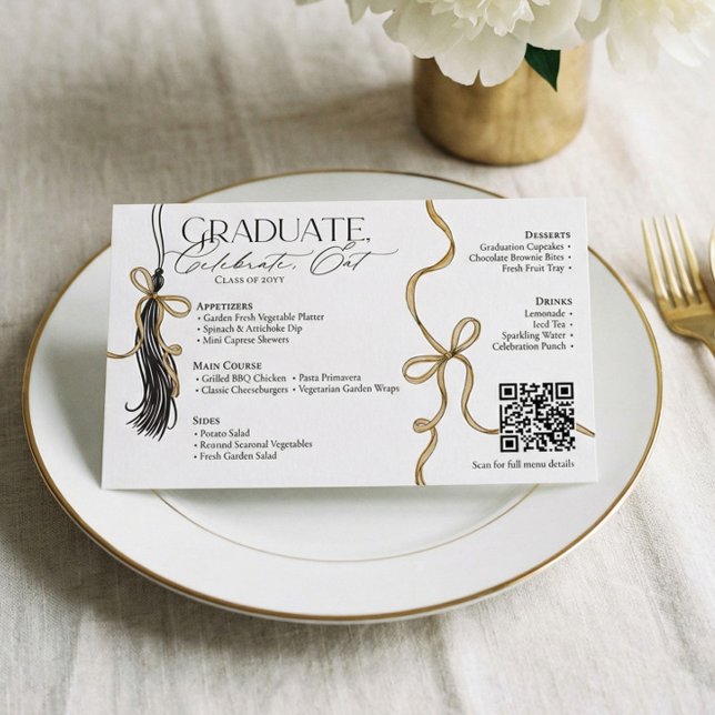 Elegant Gold Bow & Tassel Graduation Party Menu Flyer (Elegant Gold Bow Tassel Graduation Dinner Party Flyer)
