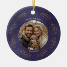 Elegant Gold Branches Family Photo Christmas Blue