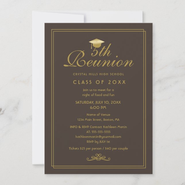 Elégant Gold Brown 5e Classe Reunion Invitation (Devant)