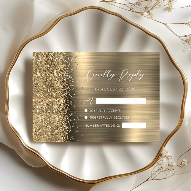 Elegant Gold Brushed Metal Glitter Script Wedding RSVP Karte (Von Creator hochgeladen)