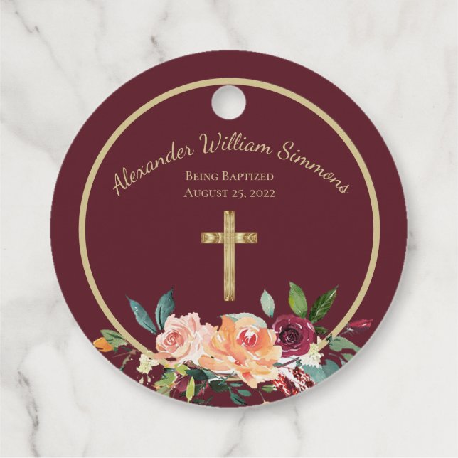 Elegant Gold Burgundy Floral Baby Christening Geschenkanhänger (Rückseite)