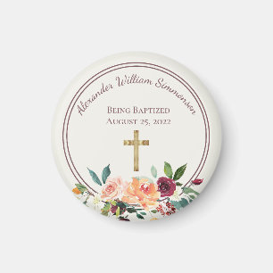 Elegant Gold Burgundy Floral Baby Christening Magnet