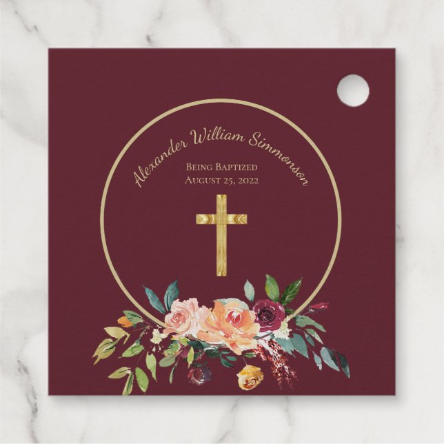 Elegant Gold Burgundy Floral Baby Christening Real Geschenkanhänger (Rückseite)