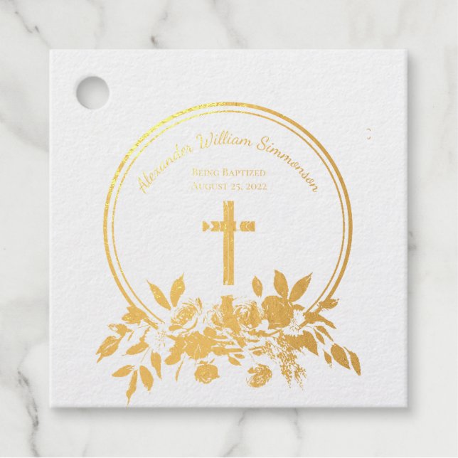 Elegant Gold Burgundy Floral Baby Christening Real Geschenkanhänger (Vorderseite)