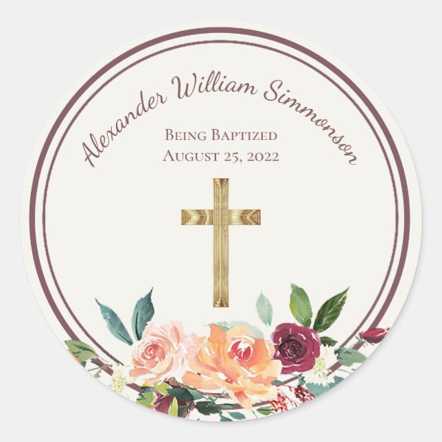 Elegant Gold Burgundy Floral Baby Christening Runder Aufkleber (Vorderseite)