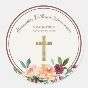 Elegant Gold Burgundy Floral Baby Christening Runder Aufkleber