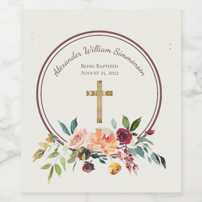 Elegant Gold Burgundy Floral Baby Christening Weinetikett (Einzelnes Label)