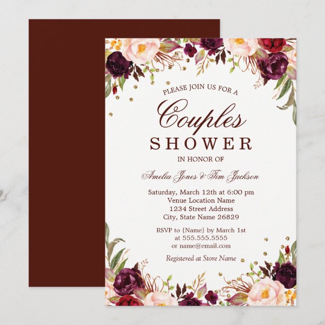 Elegant Gold Burgundy Floral Couples Dusche Einladung (Vorne/Hinten)