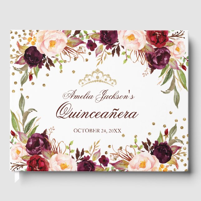 Elegant Gold Burgundy Floral Quinceanera Gästebuch (Vorderseite)