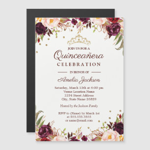 Elegant Gold Burgundy Floral Quinceanera Magneteinladung