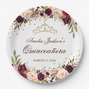Elegant Gold Burgundy Floral Quinceanera Pappteller