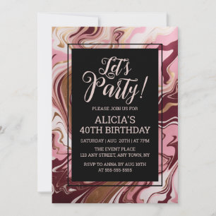 Elegant Gold Burgundy Pink Marble Fluid Birthday Einladung