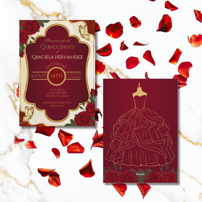 Elegant Gold & Burgundy Quinceañera Invitation (Créateur téléchargé)