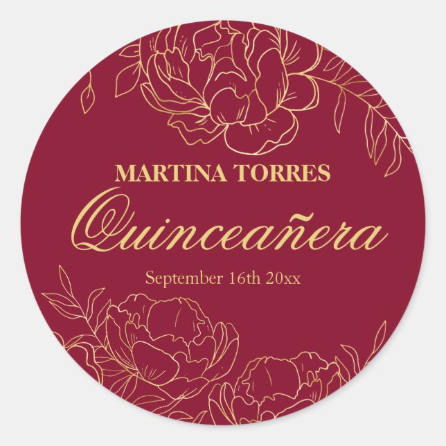 Elegant Gold Burgundy Red Floral Quinceanera Runder Aufkleber (Vorderseite)