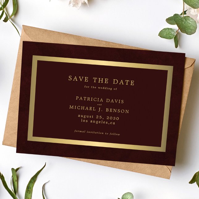 Elegant gold burgundy simple typography wedding save the date (Von Creator hochgeladen)