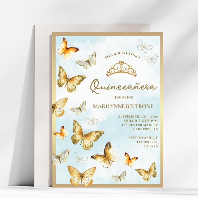 Elegant Gold Butterfly Blue Quinceñera Einladung (Von Creator hochgeladen)