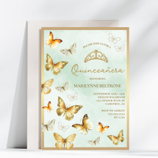 Elegant Gold Butterfly Green Quinceñera Einladung