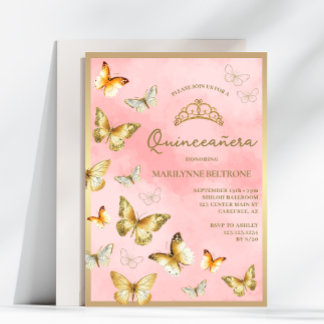 Elegant Gold Butterfly Pink Quinceañera Einladung